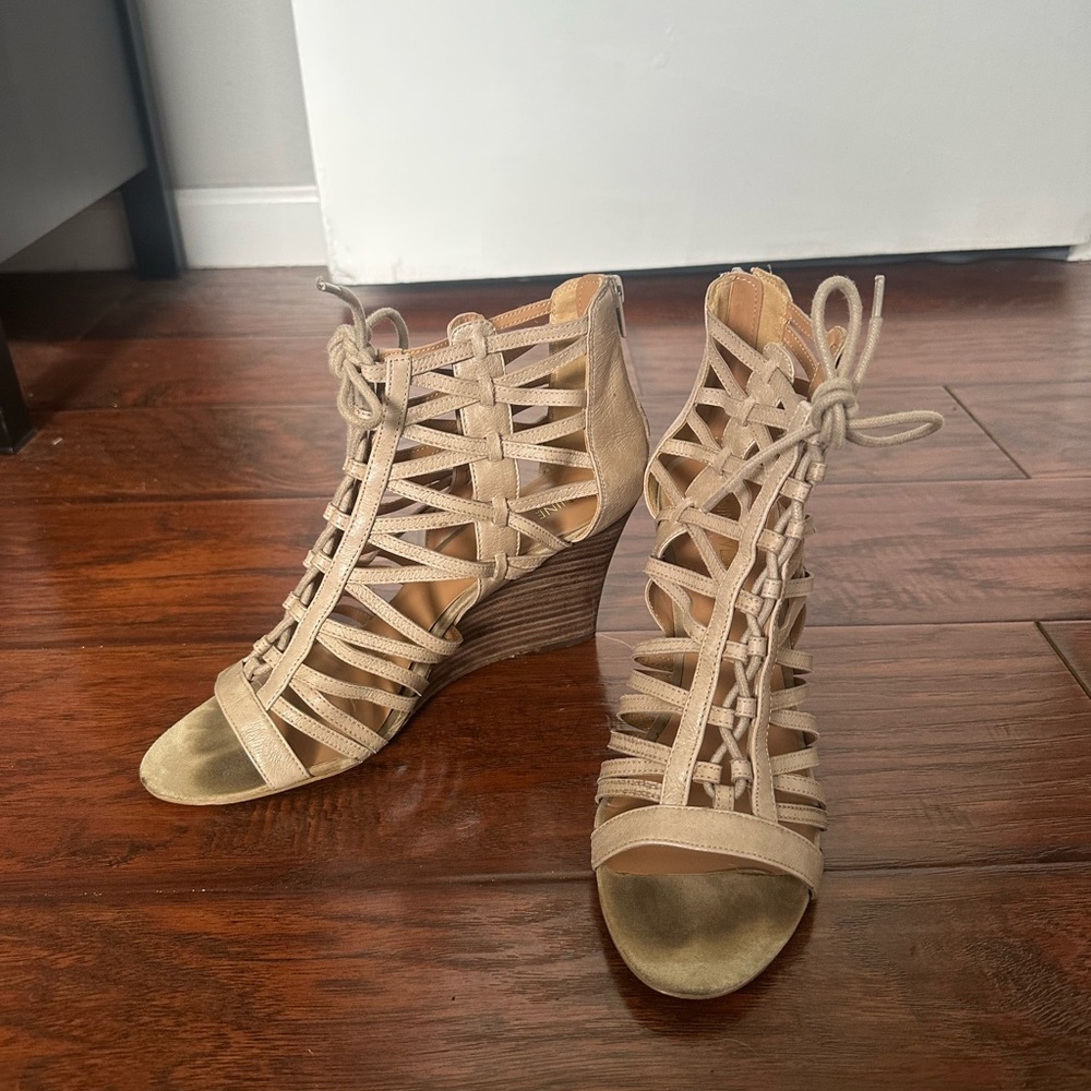 Nine West Beige/Tan Lace-Up Strappy Wedge Sandals